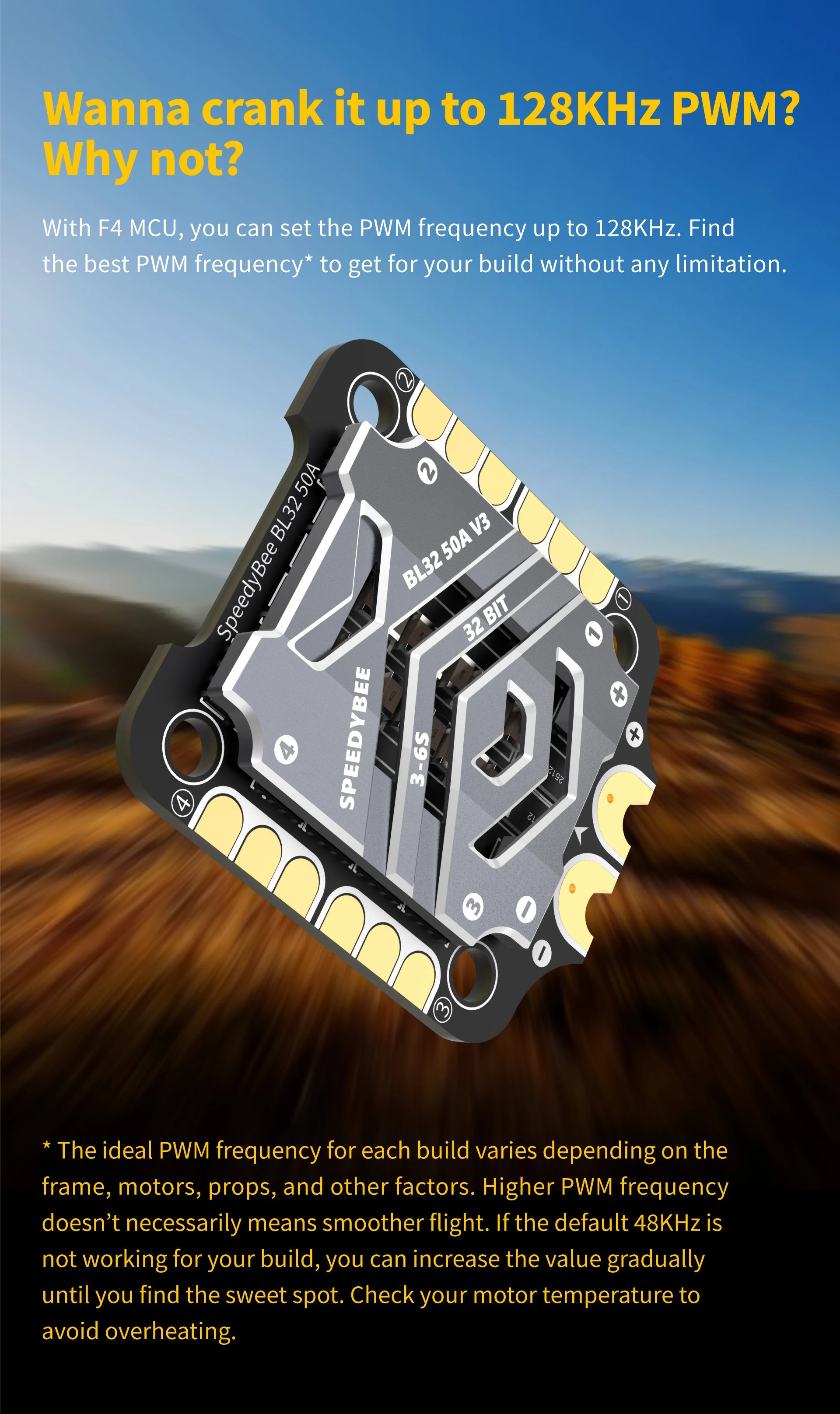 SpeedyBee F7 V3 BL32 50A 30x30 Stack Blackbox Data Analyze iNAV Betaflight Emuflight Wireless Firmware Flasher 23 SpeedyBee F7 V3 BL32 50A 30x30 Stack, with F4 MCU,you can set the PWM frequency up to 128KHz