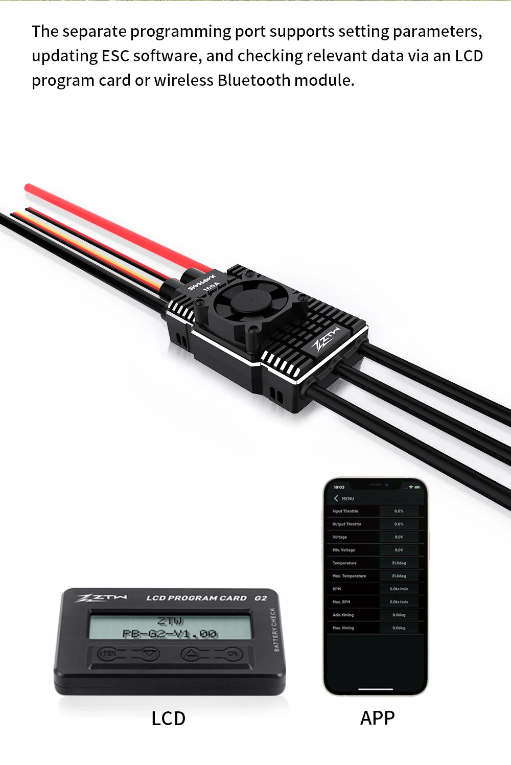ZTW 32-Bit Skyhawk 130A/160A Telemetry ESC, the separate programming port supports setting parameters, updating ESC software; and checking relevant data via an