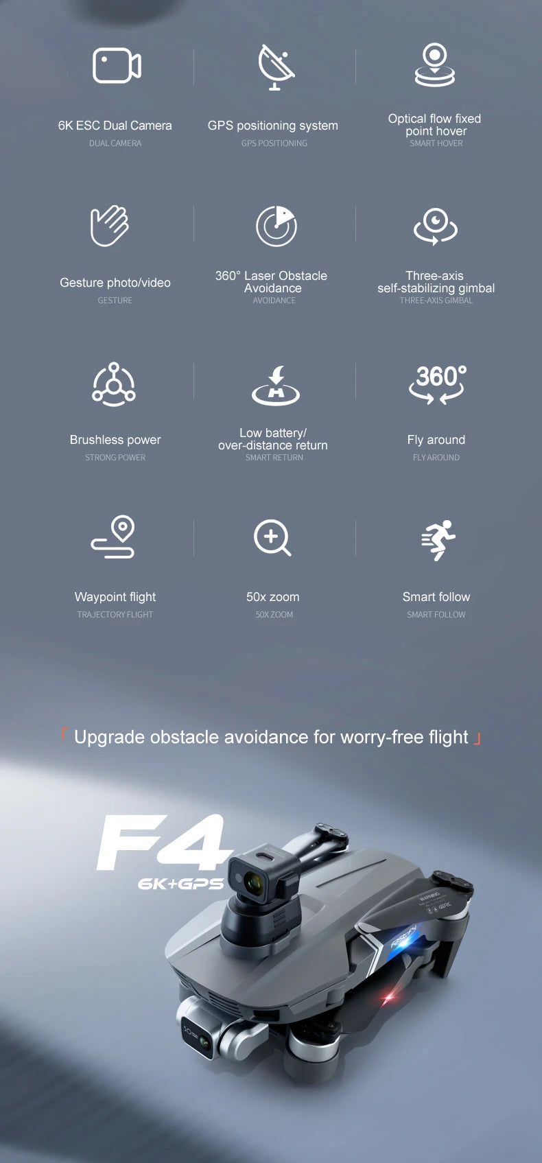 F4S Drone - 6K HD ESC Camera GPS WIFI FPV Brushless Obstacle Avoidance Four Axis Foldable Remote Control Helicopter Toy Boy Professional Camera Drone 14 F4S Drone, 6K ESC Dual Camera GPS positioning system Optical flow fixed point hover . laser