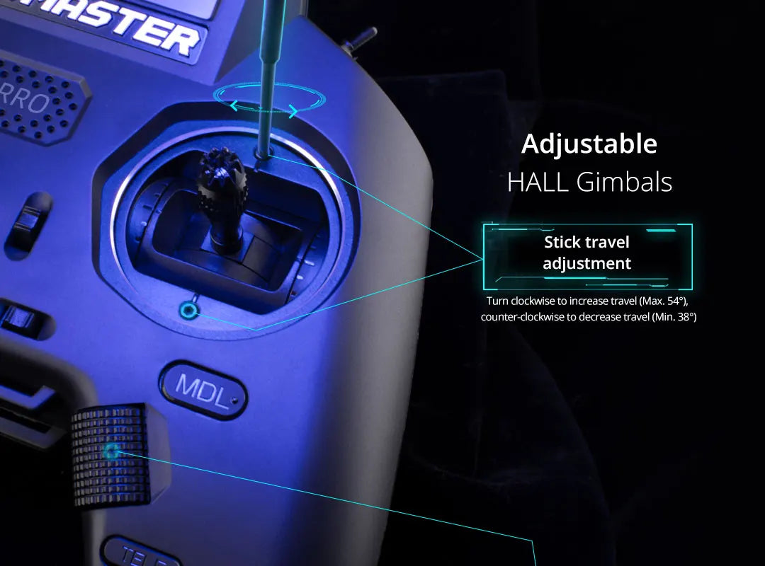 Adjustable HALL Gimbals Stick travel adjustment Turn clockwise to increase travel (Max