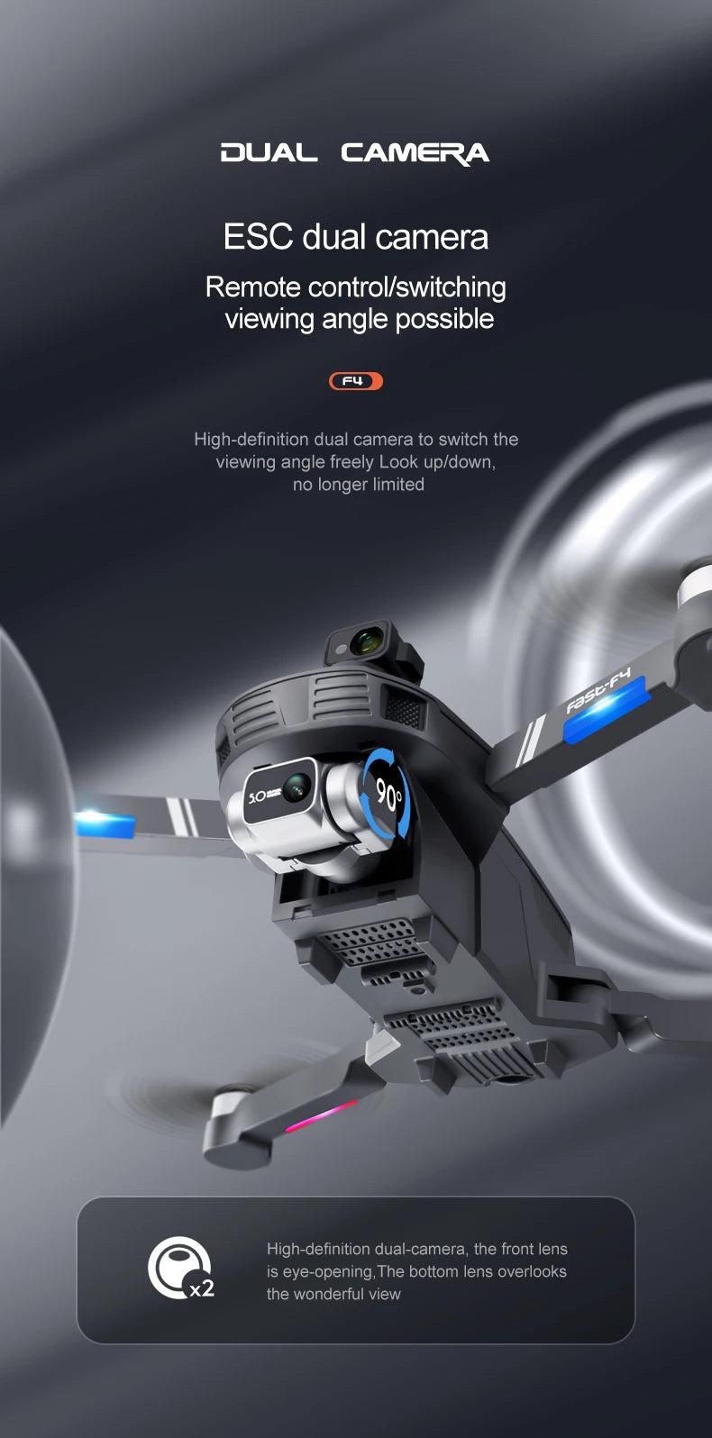 F4S Drone - 6K HD ESC Camera GPS WIFI FPV Brushless Obstacle Avoidance Four Axis Foldable Remote Control Helicopter Toy Boy Professional Camera Drone 18 F4S Drone, high-definition dual-camera, the front lens is eye-opening,