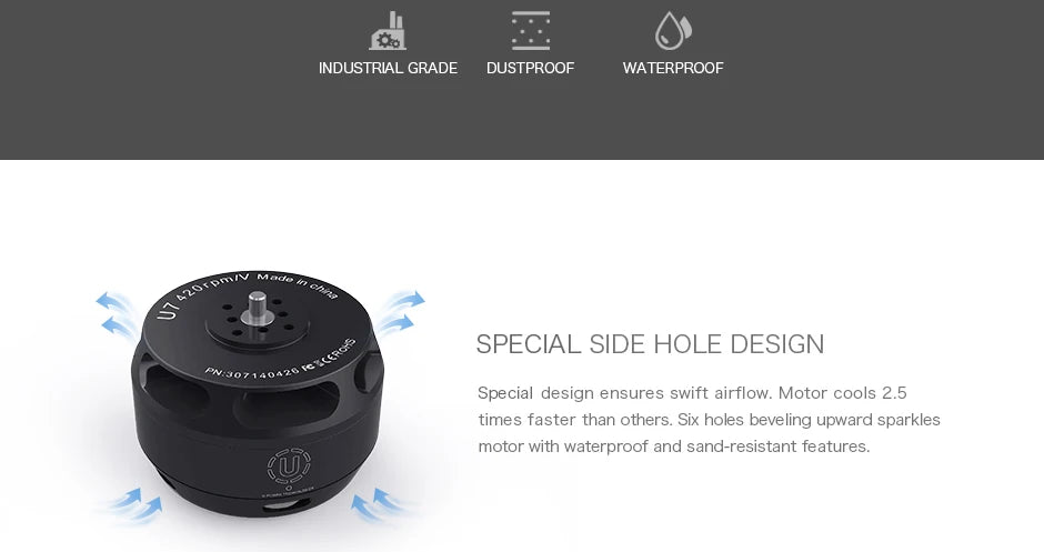 T-MOTOR U7 KV280 KV460 KV490 U-POWER Motor For UAV Multirotor Drones Rotors Hexacopter 9 T-MOTOR, special design ensures swift airflow Motor cools 2.5 times faster than others: Six holes be