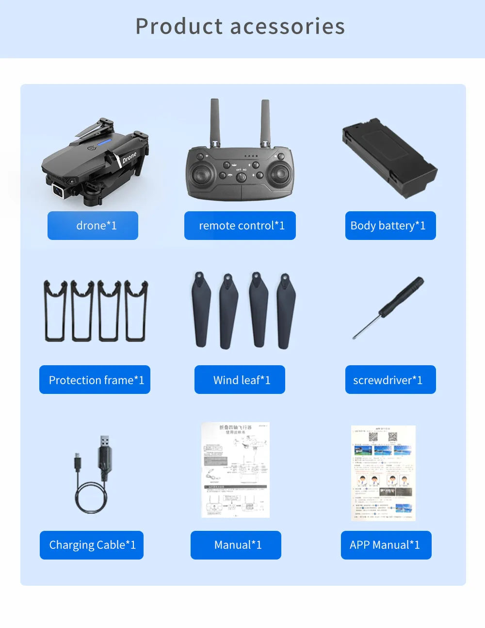 2024 NEW Drone, drone*1 remote control*1 body battery*1 protection frame*