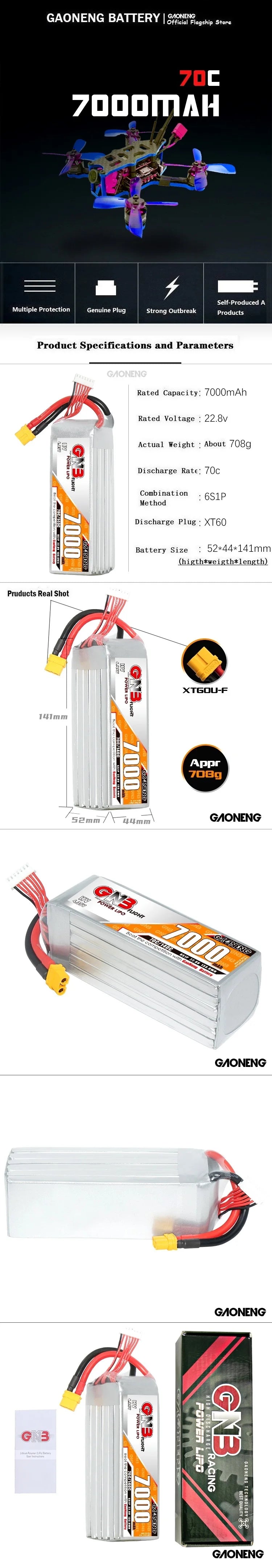 GaoNeng GNB 6S HV 22.8V 7000mAh LiPo Battery, Battery for FPV drones: 7000mAh, 22.8V, multiple protection, and genuine plug design.