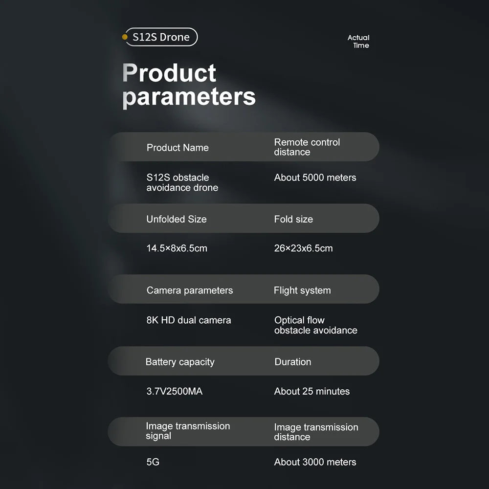 S12 Drone: Compact, 4K/8K camera drone with obstacle avoidance and 5G WiFi transmission up to 3,000m.