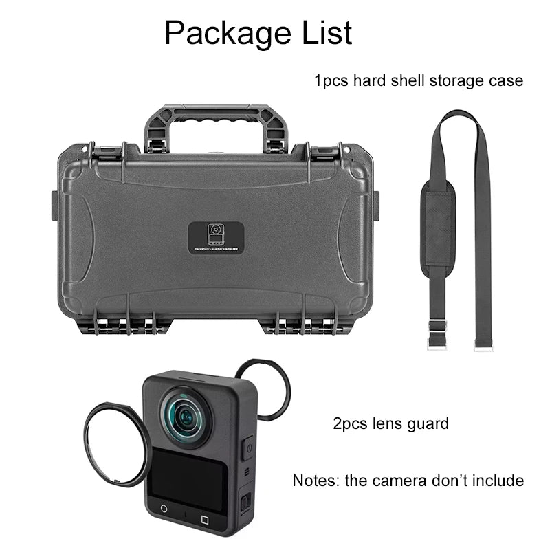 Durable waterproof hard shell case with EVA lining, pressure valve, strap, and two lens guards. Camera not included.