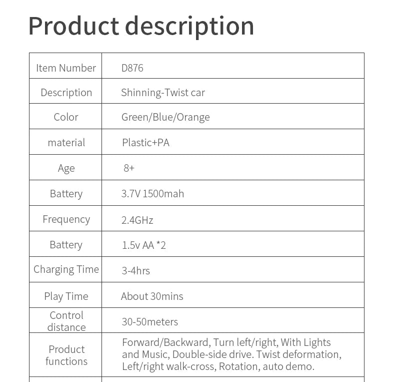Shinning-Twist car 3.7V 1500mah Frequency 2.4
