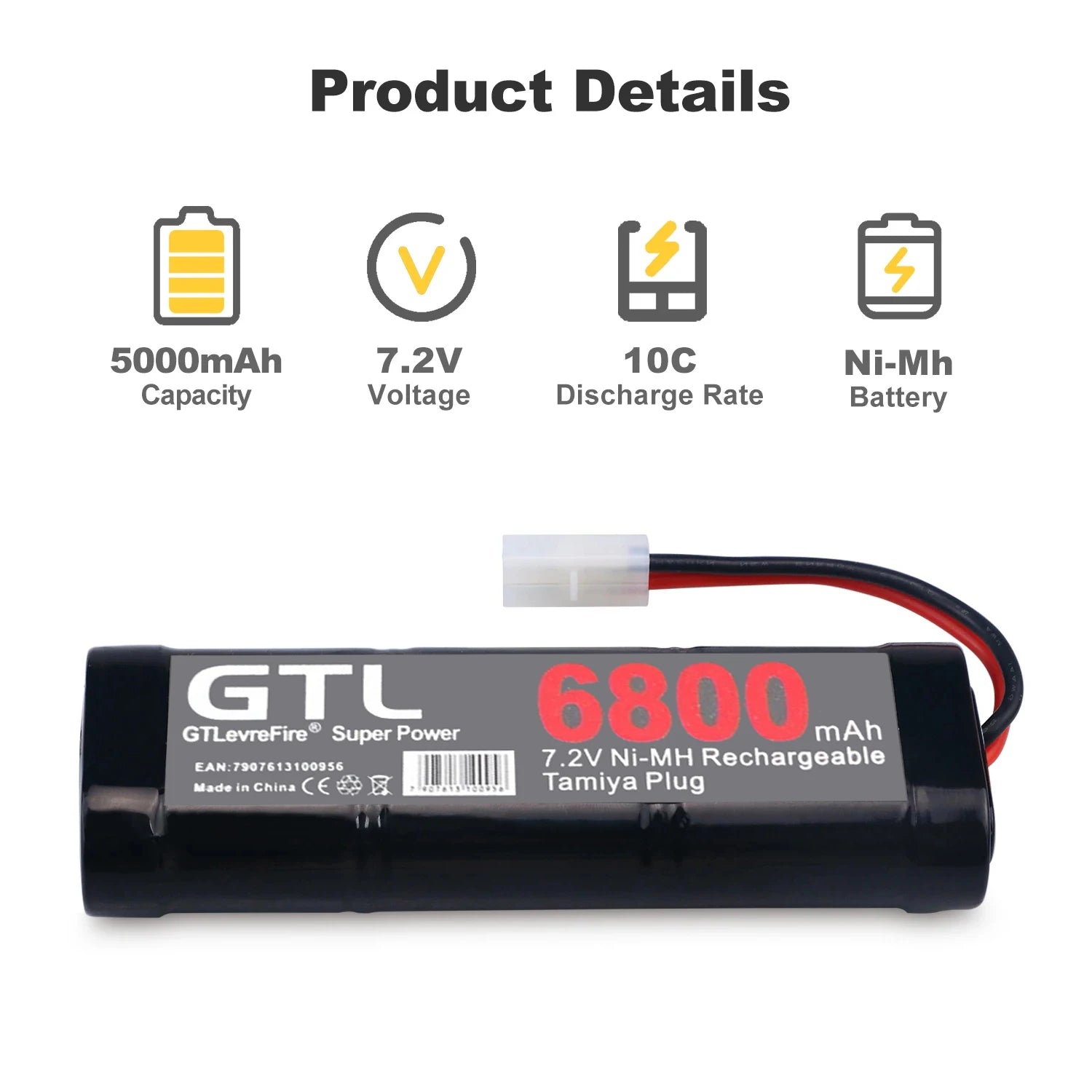 Mkepa 7.2V 6800mAh NiMH Replacement RC Battery, 7.2V 10C Ni-MH Capacity Voltage Discharge Rate Battery GTLe