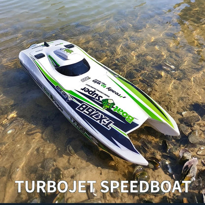 JIKEFUN TX768 RC Boat, Jikefun TX768 RC turbojet speedboat: 2.4G, brushless, water-cooled ESC, reaches 30 km/h, 250–300 m range, size 39.7×12.7×9.3 cm.