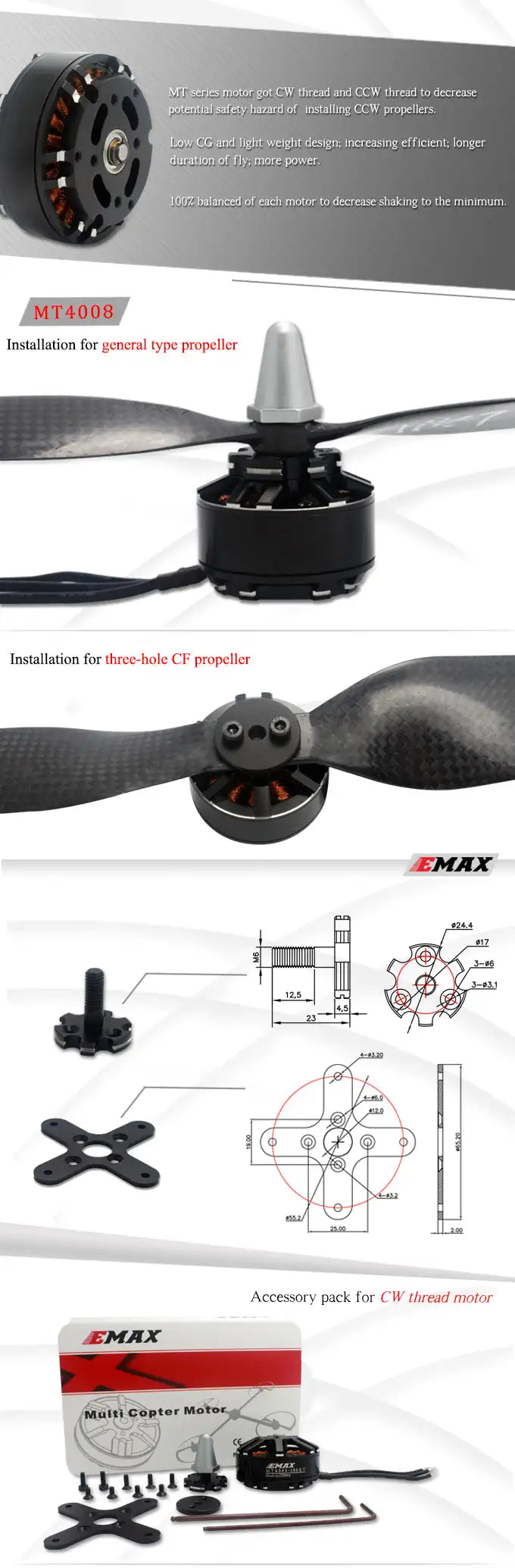 MT4008 380KV 470KV 600KV (CW CCW Thread) Brushless Motor For Multirotors 4 MT series motor got CW thread and CCW thread to decrease potentlal safety