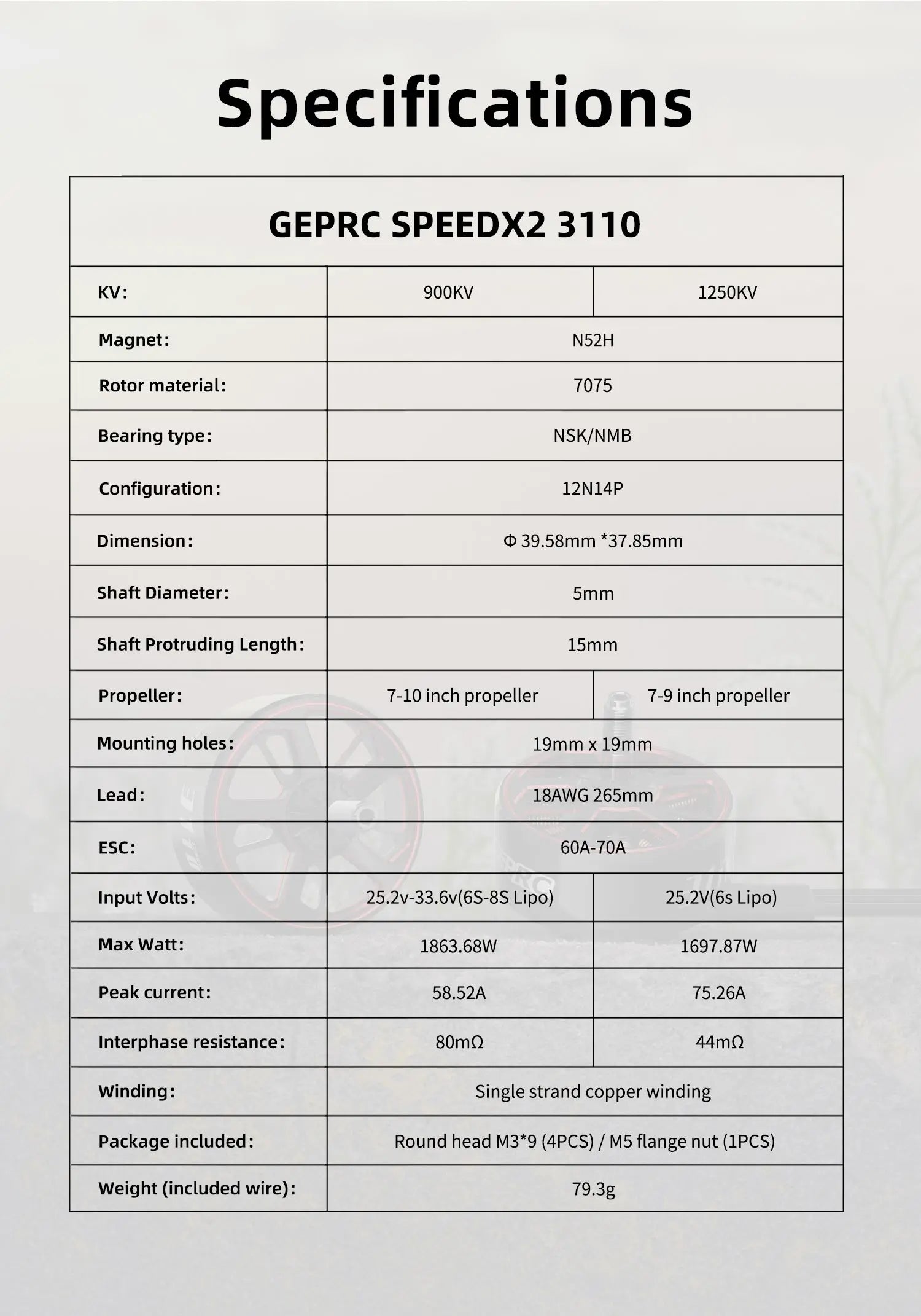 GEPRC SPEEDX2 3110 900KV/1250KV Motor, Specifications GEPRC SPEEDX2 3110 KV : 900K
