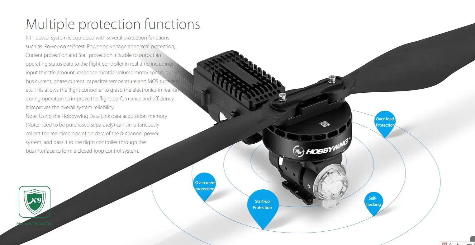 Hobbywing X11 Power system, X1 power system is equipped with multiple protection functions . it can output an operating status