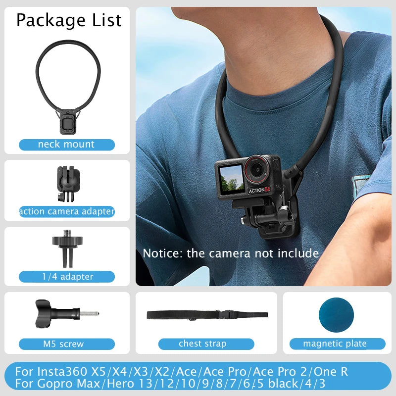 STARTRC Neck Hanging Mount Bracket, Mount kit includes neck mount, camera adapter, 1/4" adapter, M5 screw, chest strap, and magnetic plate. Compatible with Insta360, GoPro, DJI Osmo. Camera sold separately.