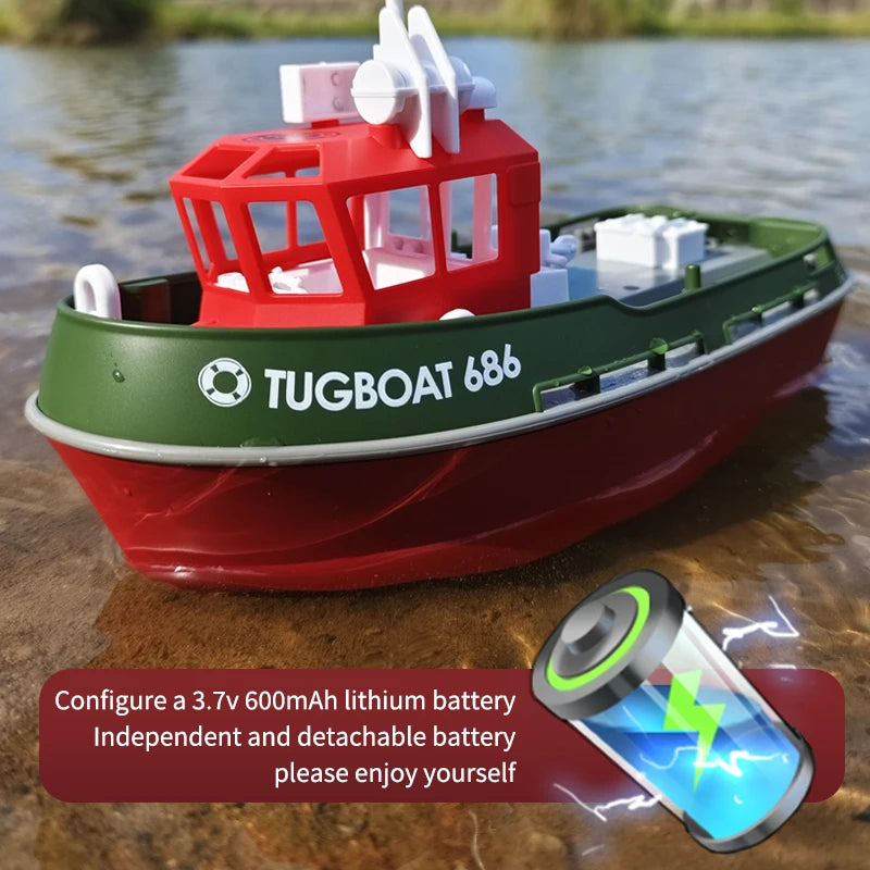 JIKEFUN 686 Remote Control Tugboat, TUGBOAT 686: 3.7V 600mAh detachable battery, 2.4G dual motor, 50m range, 15min runtime, ready-to-run remote control tugboat.