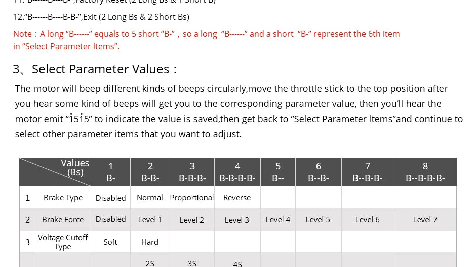 T-MOTOR AT 30A ESC, "Select Parameter Items' 3" includes 6 items that you want to adjust 