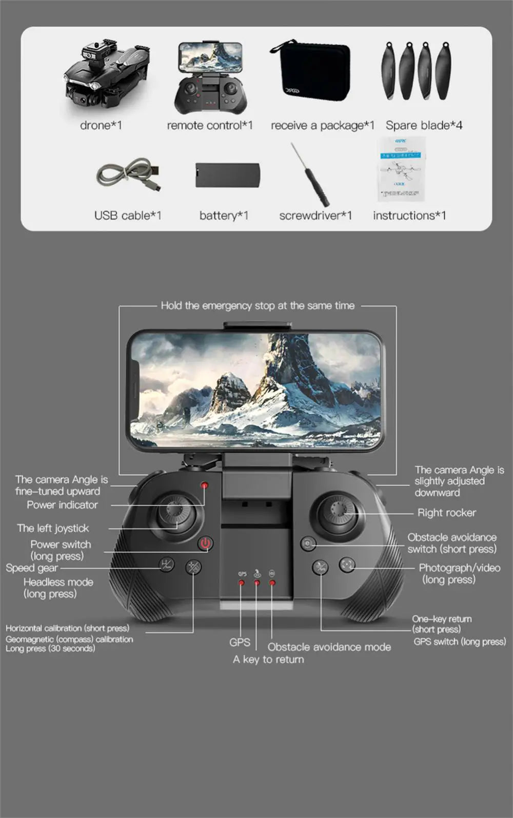 V28 Drone, camera angle is slightly adjusted tuned upward downward downward power indicator right rocker