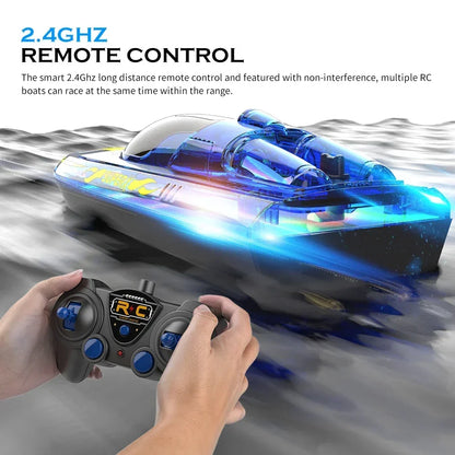 V555 2.4GHz RC Boat, 2.4GHz RC boat features LED lights, long range, no interference, and supports multiple boats racing simultaneously.