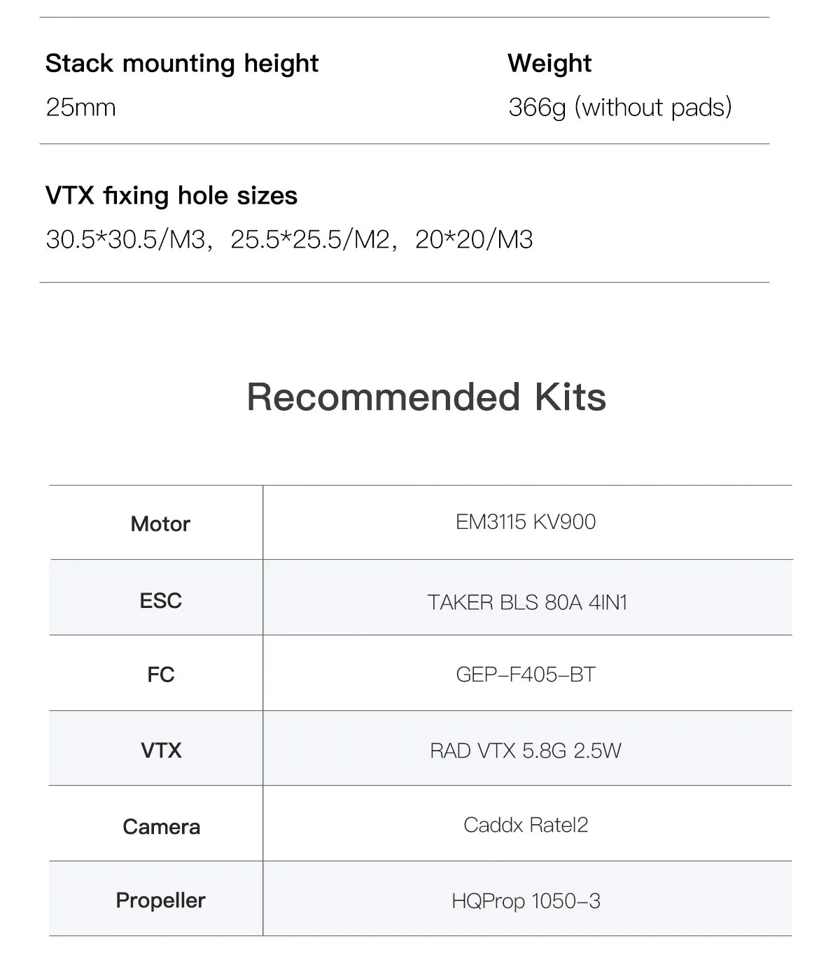 GEPRC GEP-EF10 Frame Parts, VTX fixing hole sizes 30.5*30.5/M3, 25.5*25.5