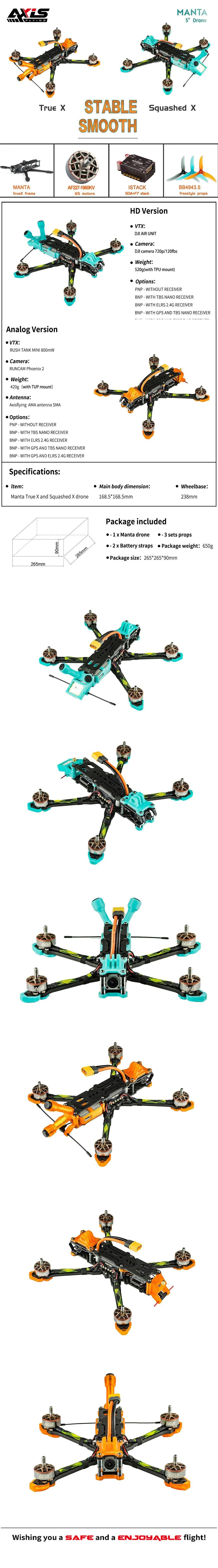 Axisflying MANTA 5'' - 5inch FPV Freestyle Squashed X DJI O3 Air Unit with GPS -6S 7 Axisflying MANTA 5'', Manta True Xand Squashed drone 168.5*168.5mm 238