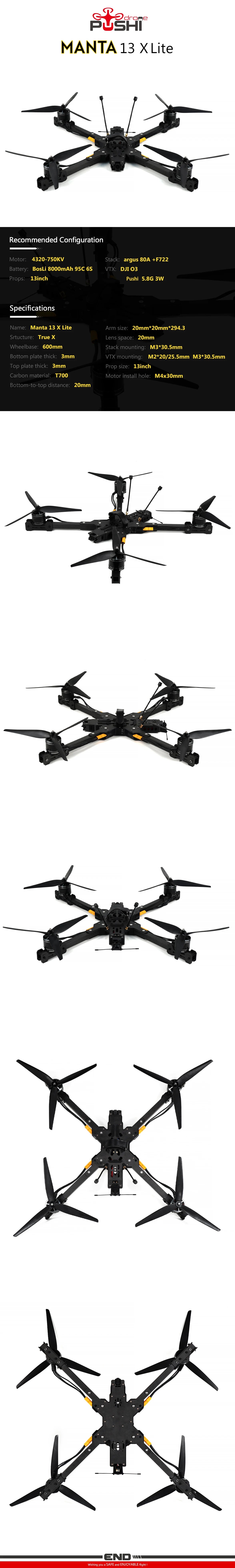 PUSHI Manta 13 X Lite 13 inch FPV, The PUSHI Manta 13 X Lite is a powerful RC quadcopter for long-range flights with heavy payload capacity.