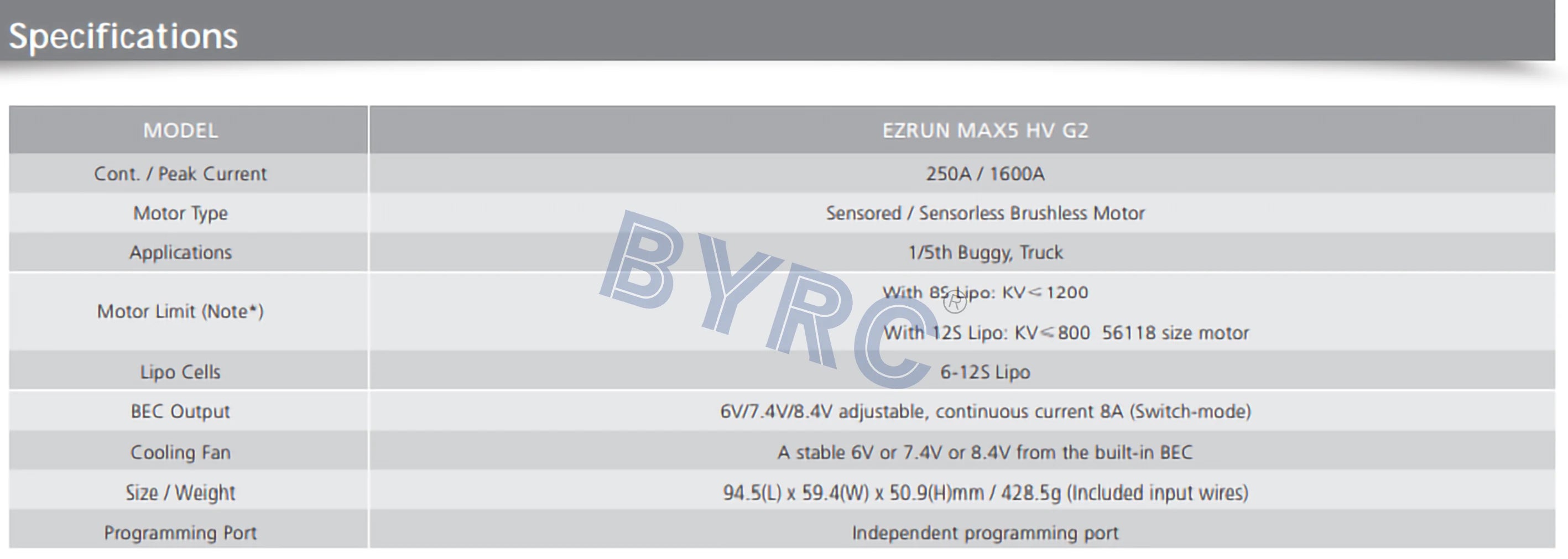 Hobbywing EZRUN MAX5 HV G2 ESC, Specifications EZRUN MAXS HV 62 Cont_ / Peak Current