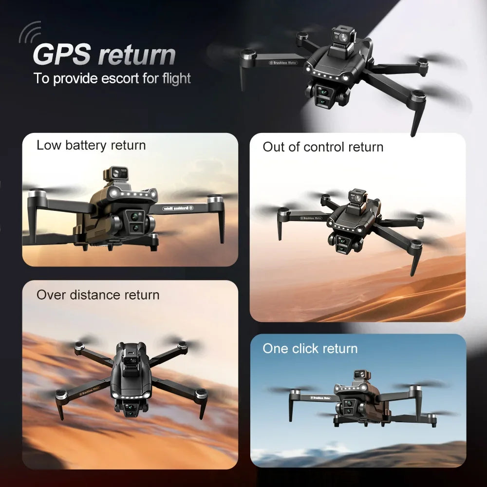 GPS returns with escort service, low battery warnings, and distance alerts for the V198 MAX PRO Drone.