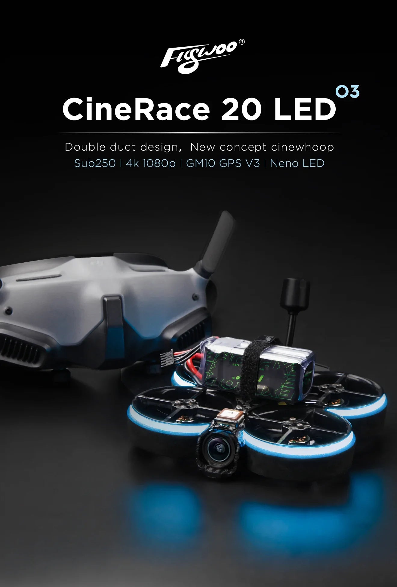FLYWOO CineRace20 V2 HD DJI O3 2inch w/ SanDisk 128GB Sub250 4K/1080P cinewhoop 7 CineRace 20 LED Double duct design, New concept cinewhoop Sub250 4