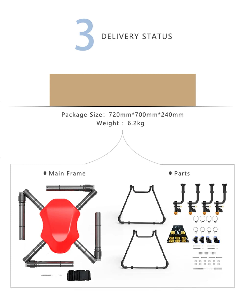 The Dreameagle X4-10S agricultural spraying drone has a frame size of 720mm*700mm*240mm and weighs 6kg, including WiJ Oooo parts.