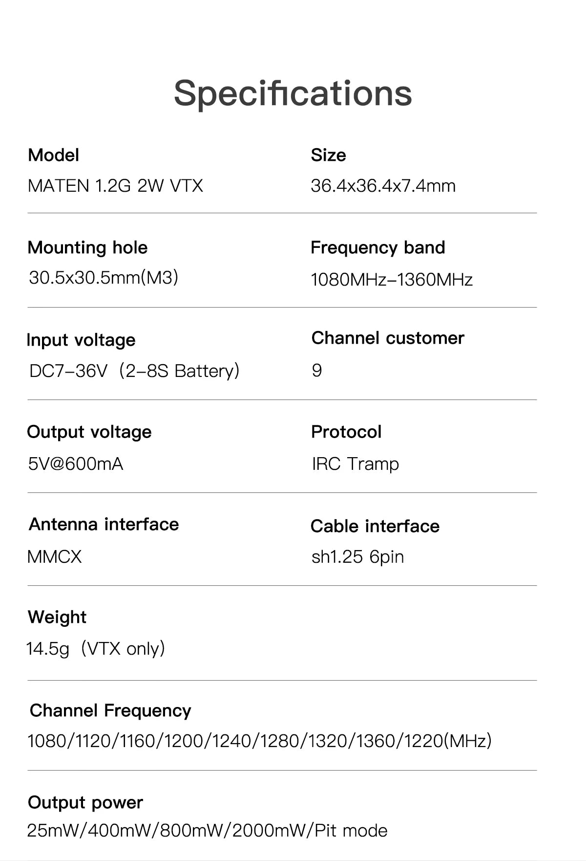 GEPRC MATEN 1.2G 2W VTX, Specifications Model Size MATEN 1.2G 2W VTX 36.4x36.4