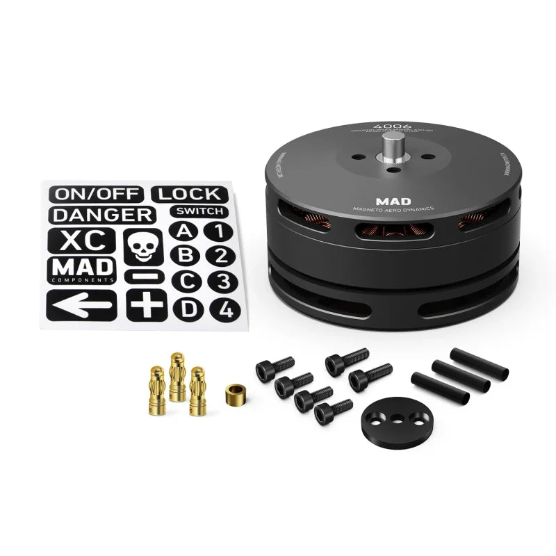 MAD 4006 IPE Drone Motor, MAD motor override switch with magnetic lock and danger zone warning.
