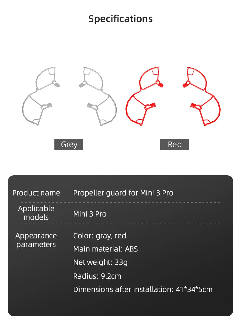 Propeller Guard for DJI Mini 3 Pro Drone, Specifications Red Product name Propeller guard for Mini 3 Pro Applicable mini 3 Pro models