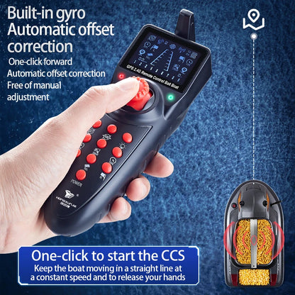 HJ817 RC Fishing Boat, GPS 2.4G bait boat with gyro, auto-correction, one-click launch, cruise control, and dual motors for accurate fishing.