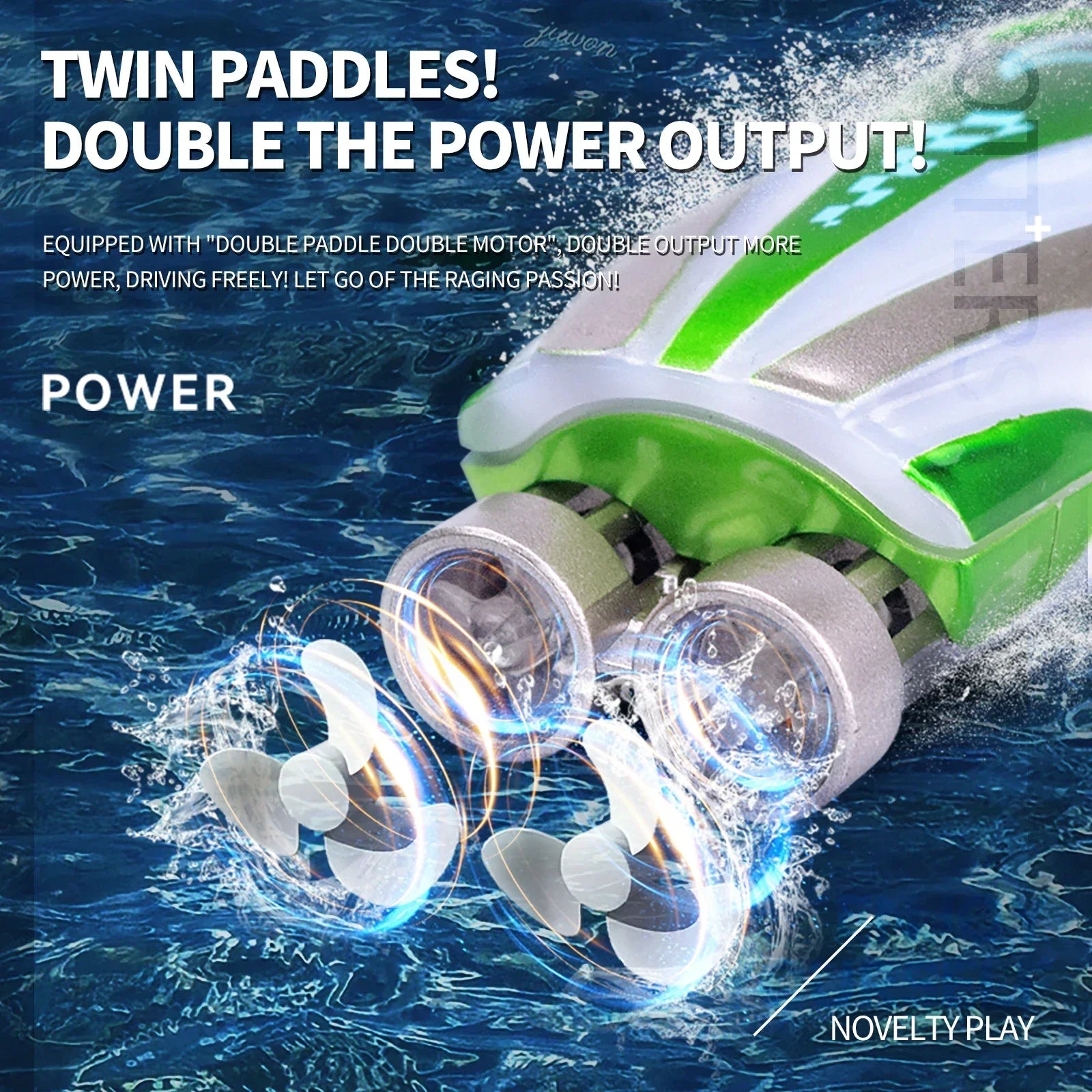 Mini Remote Controlled Boat, Double motor, twin paddles for speed; LED lights, 2.4G remote, 360° rotation, 15m range, 3.7V battery—ideal pool or bathtub toy.