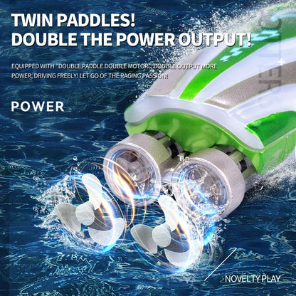Mini Remote Controlled Boat, Double motor, twin paddles for speed; LED lights, 2.4G remote, 360° rotation, 15m range, 3.7V battery—ideal pool or bathtub toy.