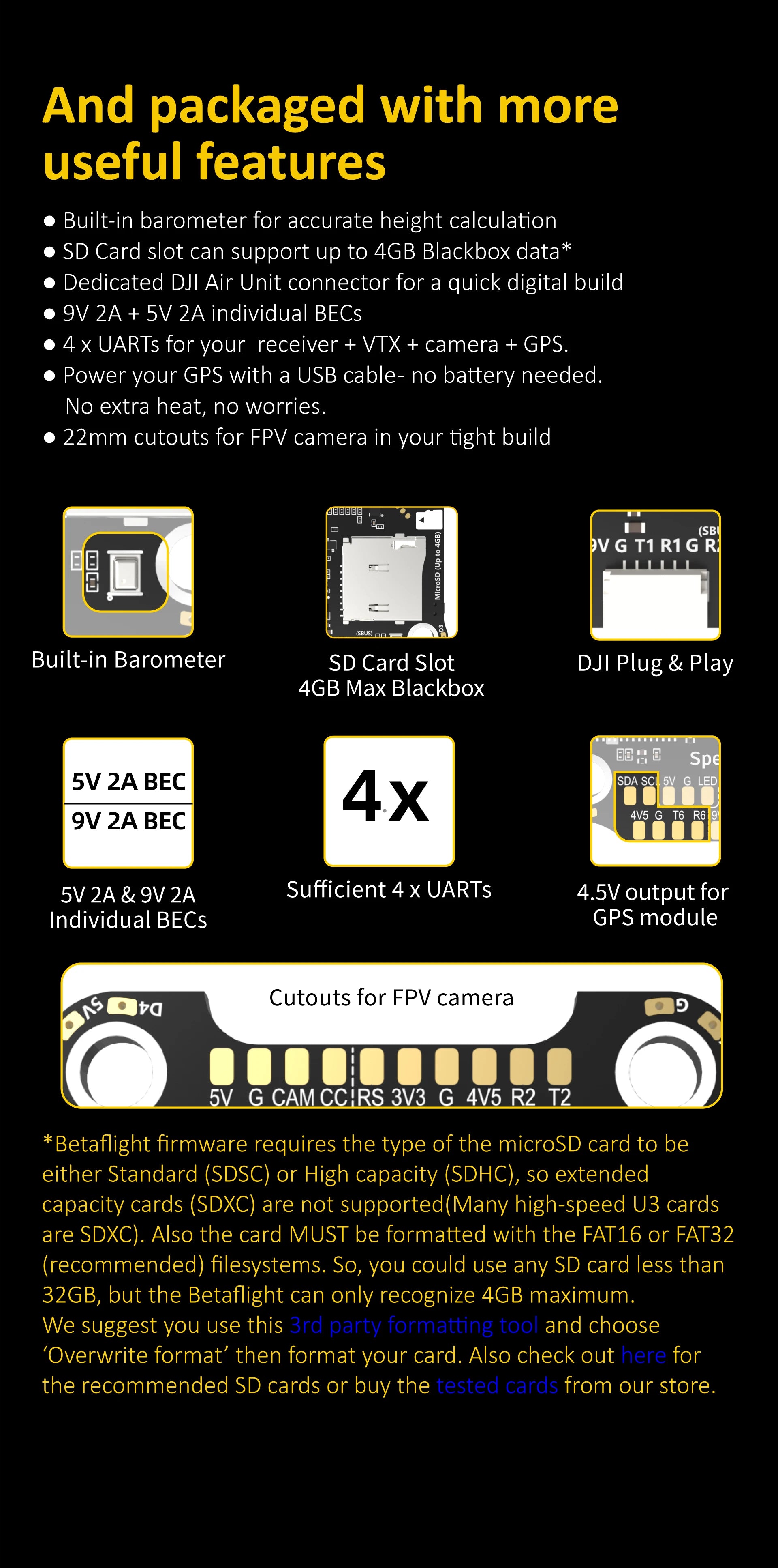 SpeedyBee F405 V3 50A Stack - FC ECS BMI270 30x30 Flight Controller BLS 50A 4-in-1 ESC 3-6S LiPo For RC FPV Drone RunCam 19 SpeedyBee F405 V3 50A Stack, built-in barometer SD Card slot can support up to 4GB Blackbox data .