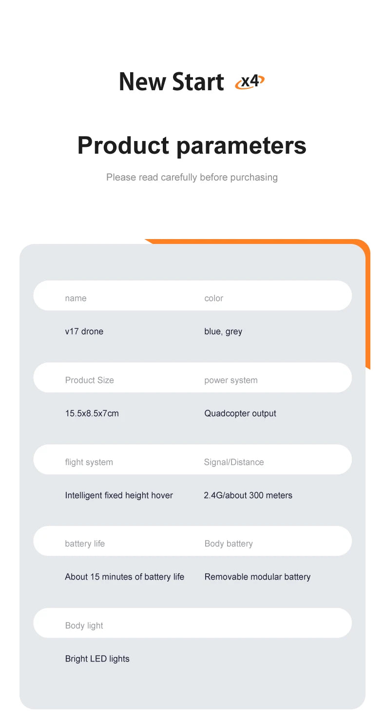 4DRC V17 RC Plane, New Start X4 Product parameters Please read carefully before purchasing name color V17 drone blue,