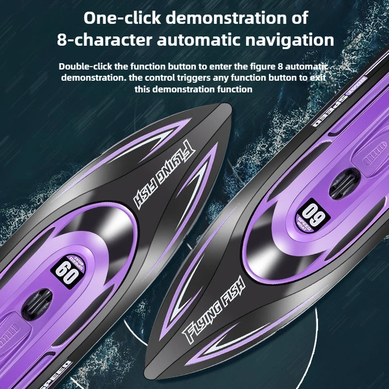 Children 2.4GHz RC Boat, High-speed RC boat with 8-character auto navigation and one-click demo mode.