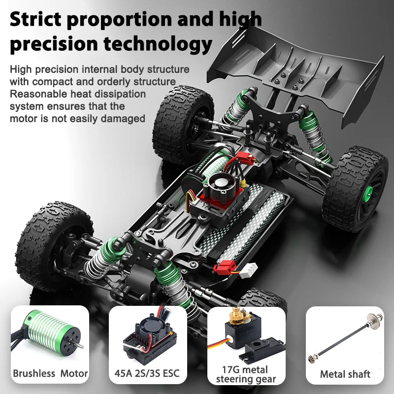 High-precision 4WD buggy featuring a brushless motor, metal chassis, and advanced cooling system ensures optimal performance.
