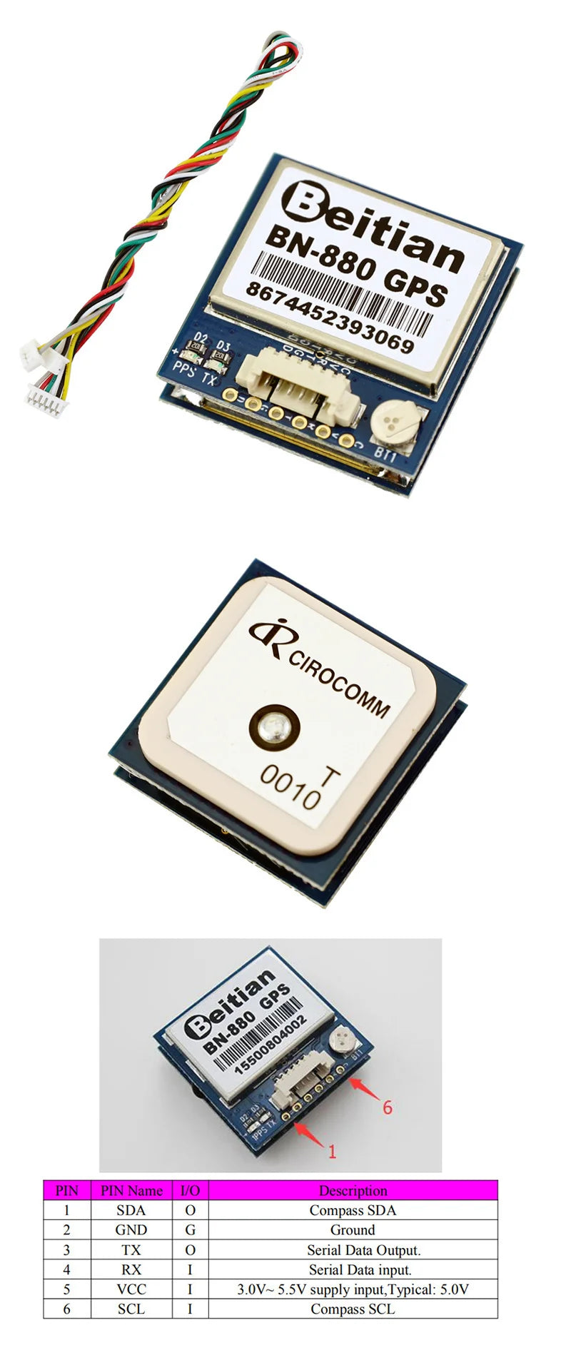Beitian BN-880 BN880 Flight Controller GPS, SDA Compass SDA GND Ground TX Serial Data Output: RX Serial