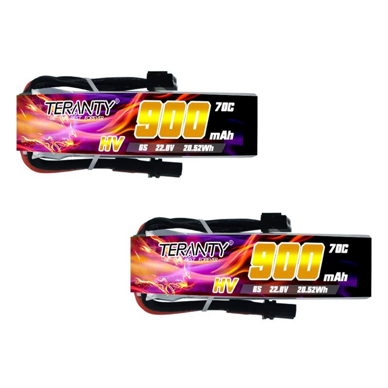 Teranty 6S HV 22.8V 900mAh  70C/140C Lipo Battery, High-performance 22.8V 900mAh LiPo battery for FPV drones with 70C discharge rate and 140C peak current.