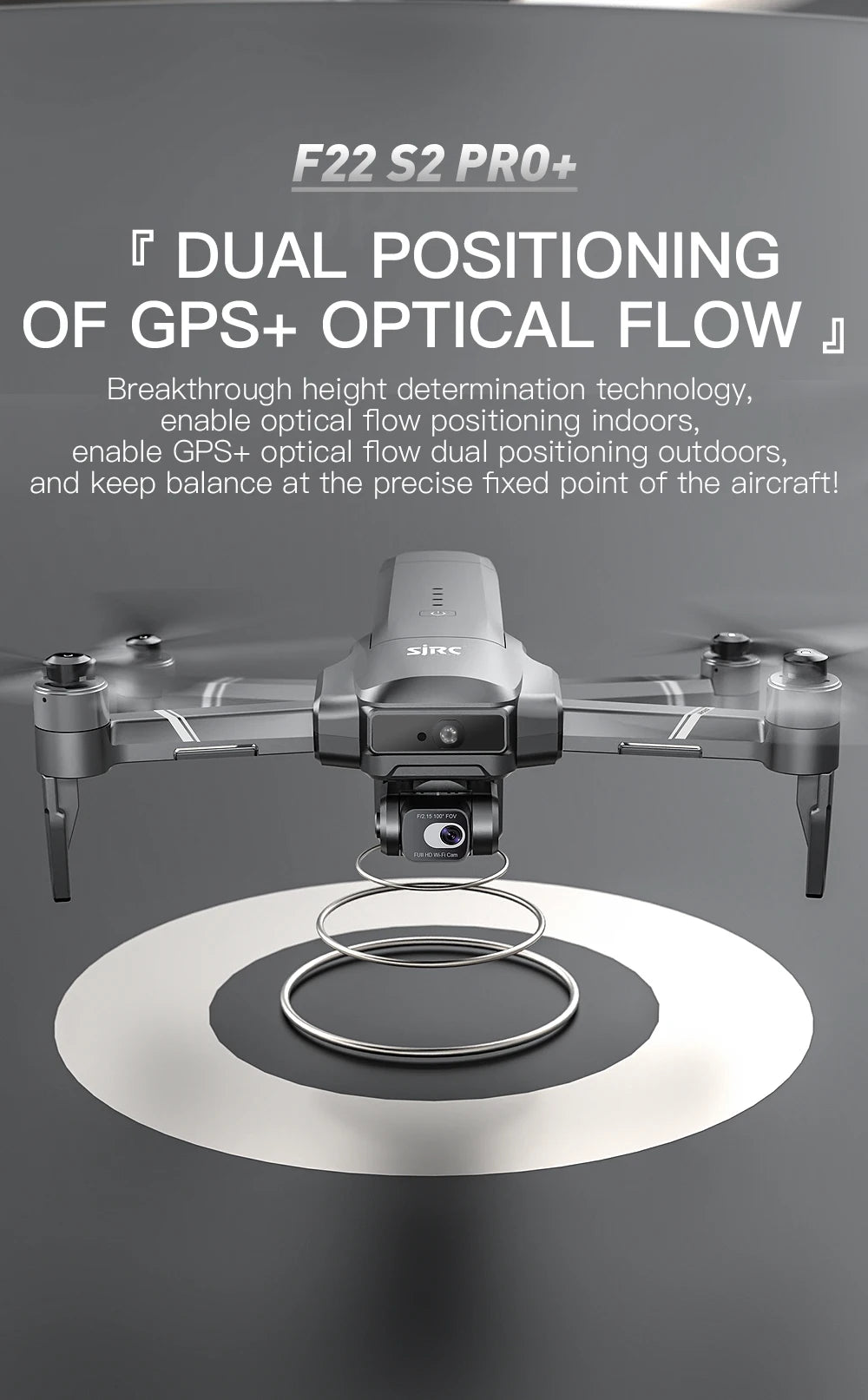 SJRC F22 S2 Pro + Drone, Indoor/outdoor precision drone with GPS and optical flow for accurate height determination.