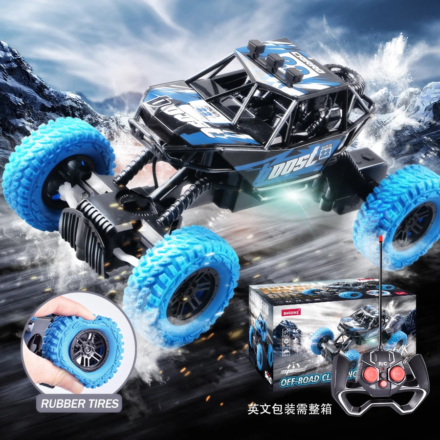 RC Car, RC car off-road buggy with rubber tires and LED lights, featuring 4-channel mode 2 remote control and rechargeable lithium battery.