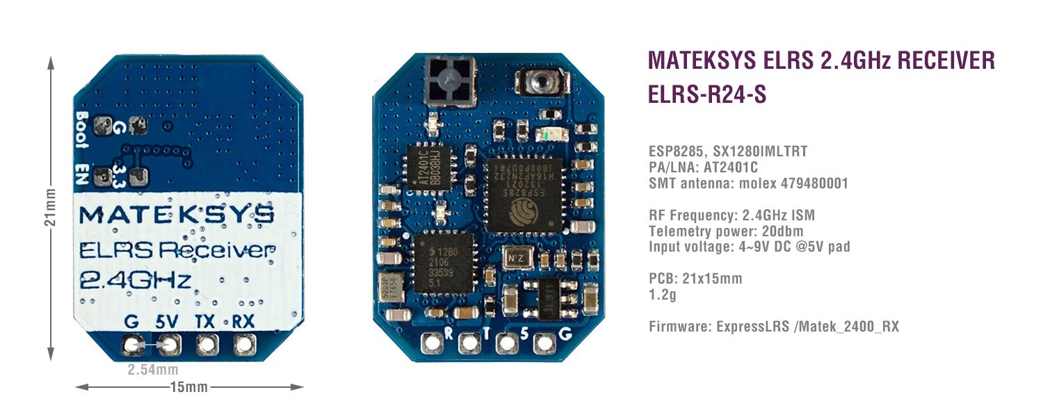 MATEK ELRS-R24-S, RF Frequency: 2.4GHz ISM Telemetry power: 2Odb