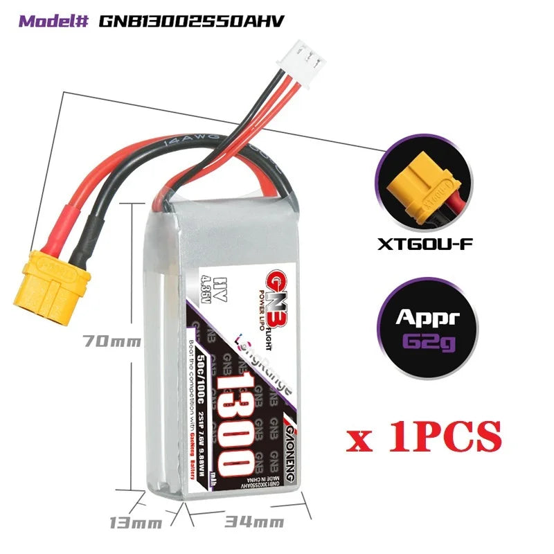 GNB 2S/3S/4S/6S 1300mAh 50C Lipo Battery For FPV Racing Drone With XT60 Plug