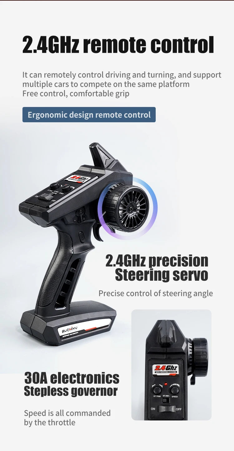 2.4GHz remote control It can remotely control driving and turning; and support multiple cars to compete