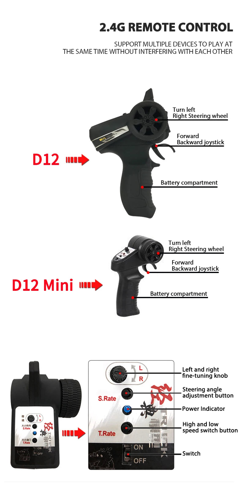 WPL D12 1:10 / 1:16 RC CAR, 2.46 REMOTE CONTROL SUPPORT MULTIPLE DEVICES TO PLA