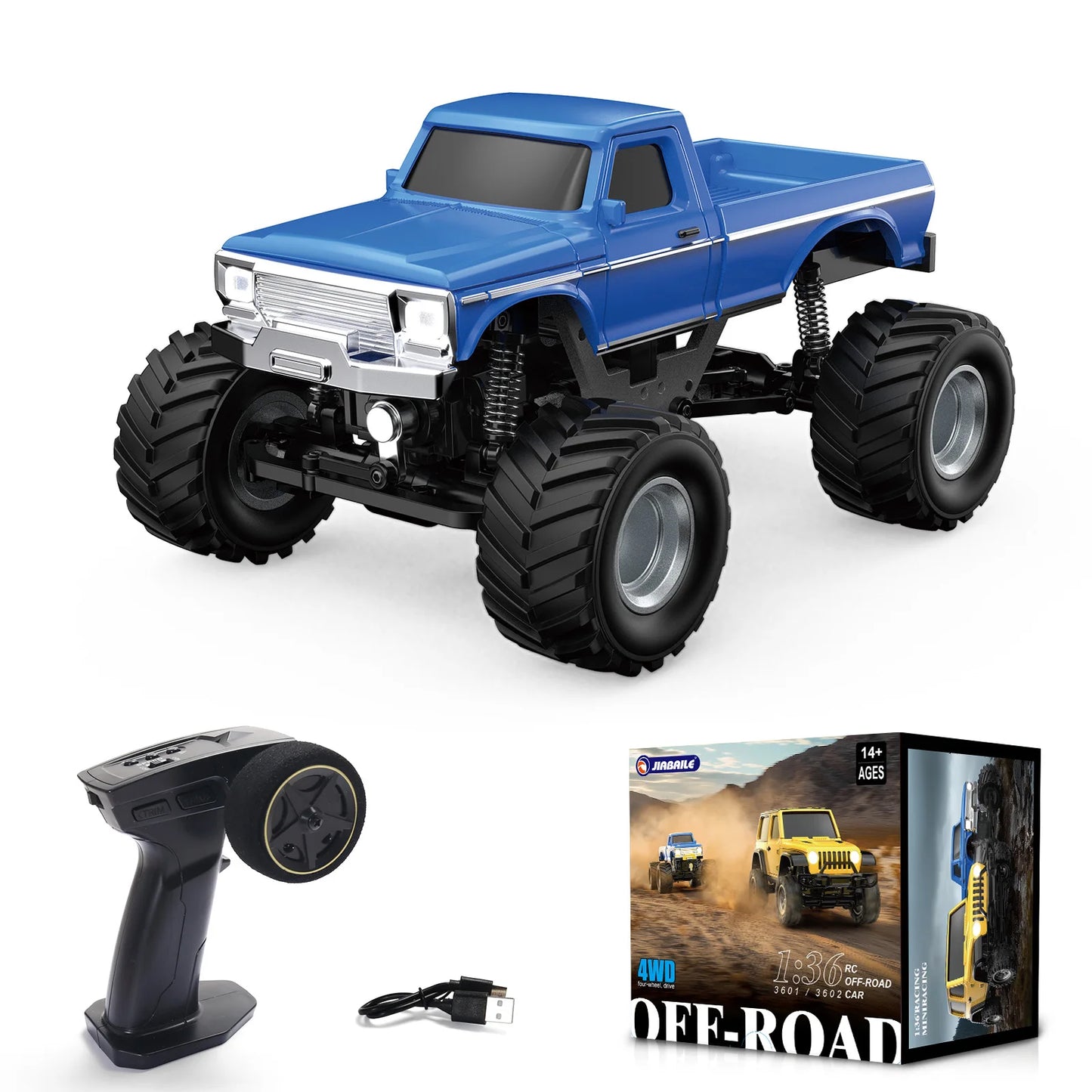 JIKEFUN 1/36 RC Crawler Car 4WD Mini RTR Off-road, Proportional Control, Lights, 3.7V 200mAh, 20M Range, Type‑C Charging