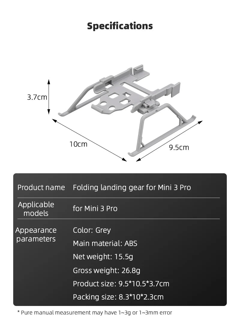 Landing Gear Kits for DJI Mini 3 Pro Drone - Height Extender Long Quick Release Leg Foot Gimbal Protector Stand Drone Accessories 15 Landing Gear Kits for DJI Mini 3 Pro Drone, Specifications 3.7cm 1Ocm 9.Scm Product name Folding landing