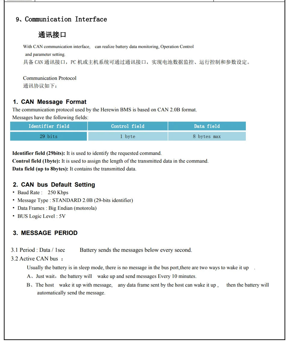 Herewin 44.4V 12S 14S 22000mAh 20C Agriculture Drone Battery, CAN Message Format The communication protocol used by the Herewin BMS is based on