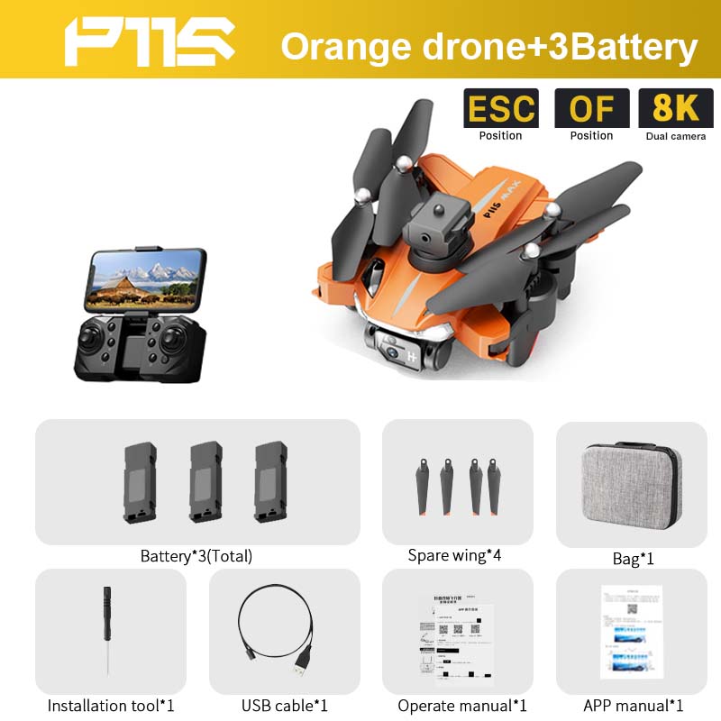 P11S Drone, FTS Orange drone+3Battery ESC OF 8K